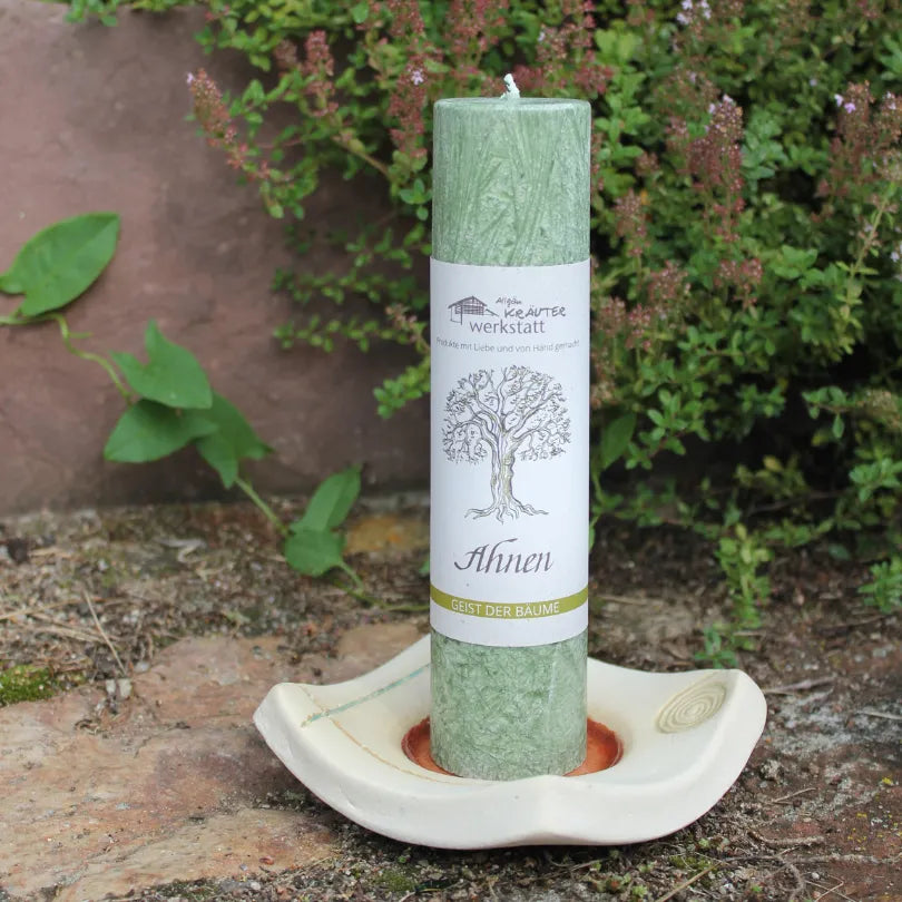 Dunkelgrüne Kräuterkerze "Ahnen" auf Kerzenteller, unterstützt die Verbindung zu den Wurzeln & Traditionen.