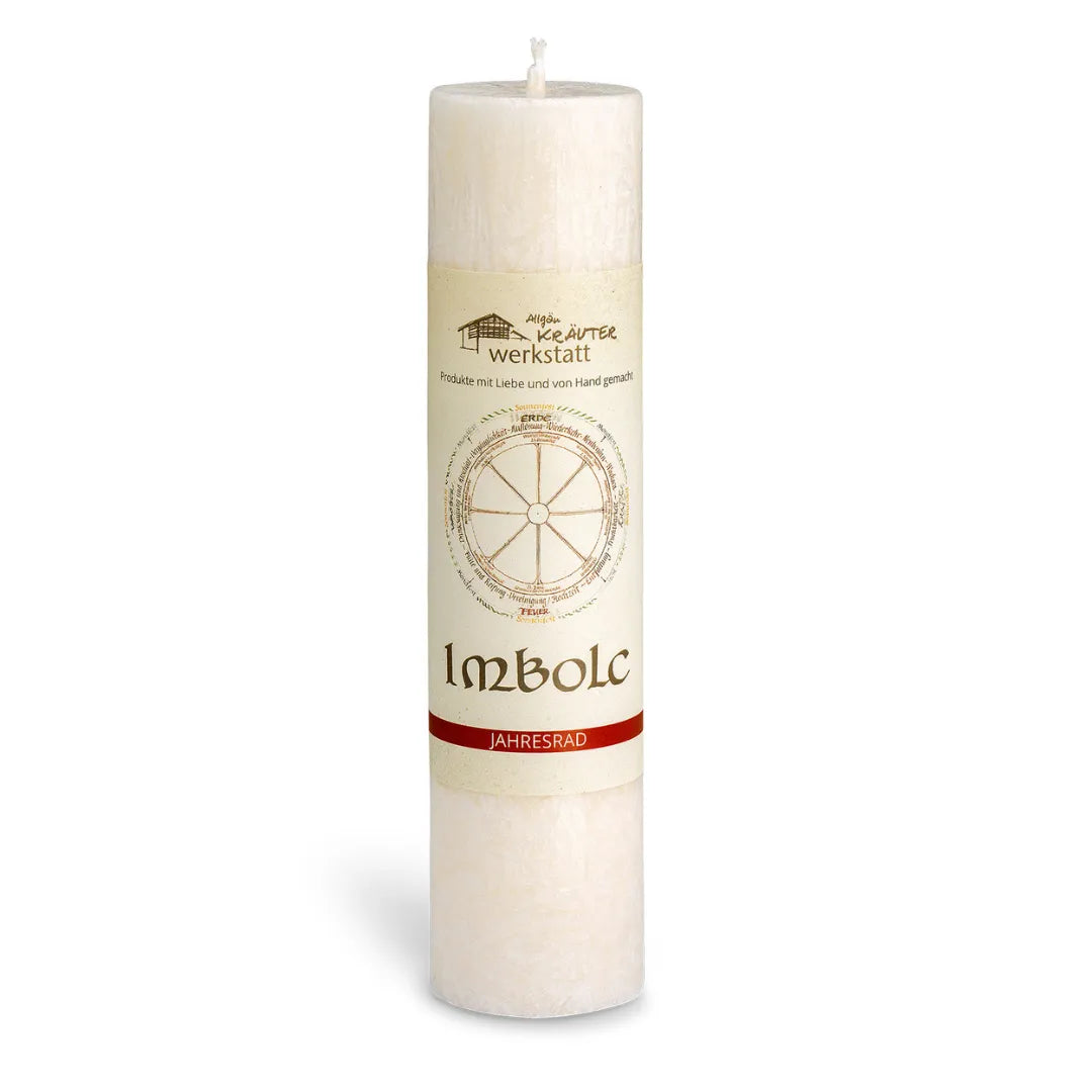 Weiße Allgäuer Kräuterkerze "Imbolc" (Jahresrad), unterstützt Reinigung, Klärung & neue Visionen.