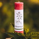 Rote Allgäuer Heilkräuterkerze "Lebensenergie" auf grünen Blättern, für Stärke und Vitalität.