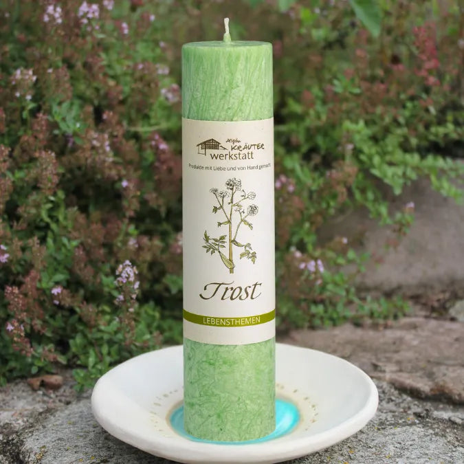 Hellgrüne Kräuterkerze "Trost" auf Kerzenteller, spendet Halt & Zuversicht bei Verlust & Herzschmerz.