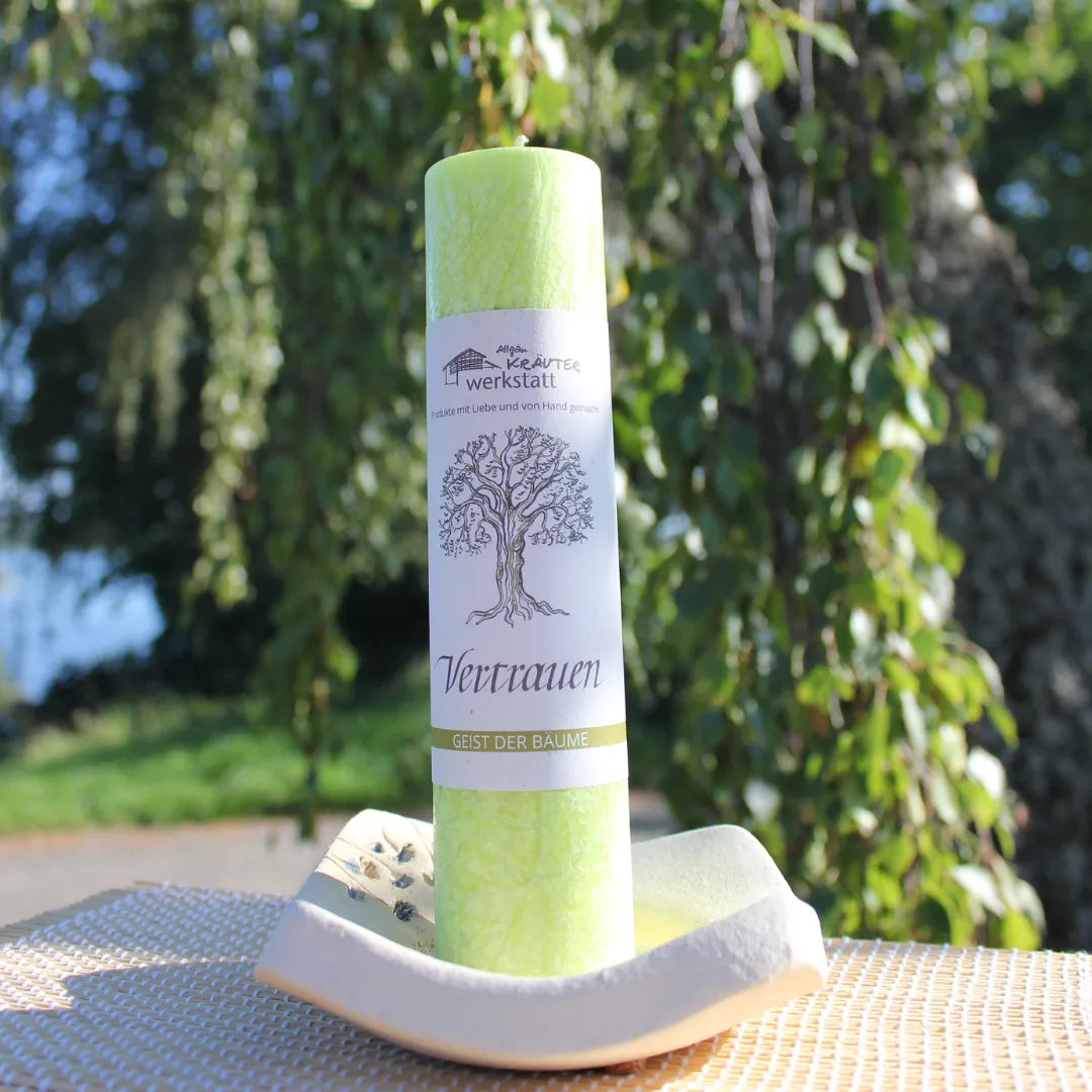 Hellgrüne Kräuterkerze "Vertrauen" auf Kerzenteller am See, hilft beim Wiederfinden von Selbstvertrauen & Standfestigkeit.