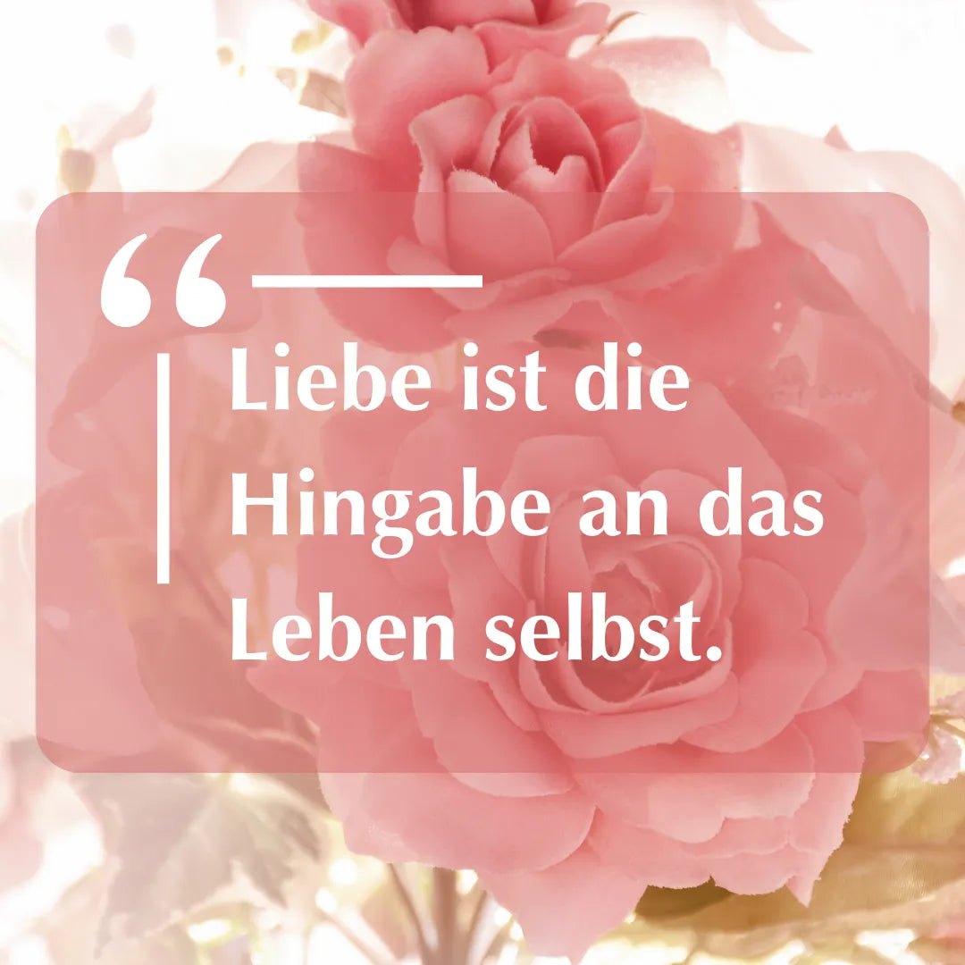 Zitat: "Liebe ist die Hingabe an das Leben selbst." auf einem Hintergrund von rosa Rosen