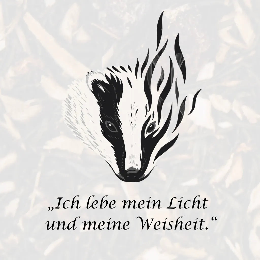 Affirmation "Ich lebe mein Licht und meine Weisheit" mit Dachs-Illustration, symbolisiert innere Weisheit.
