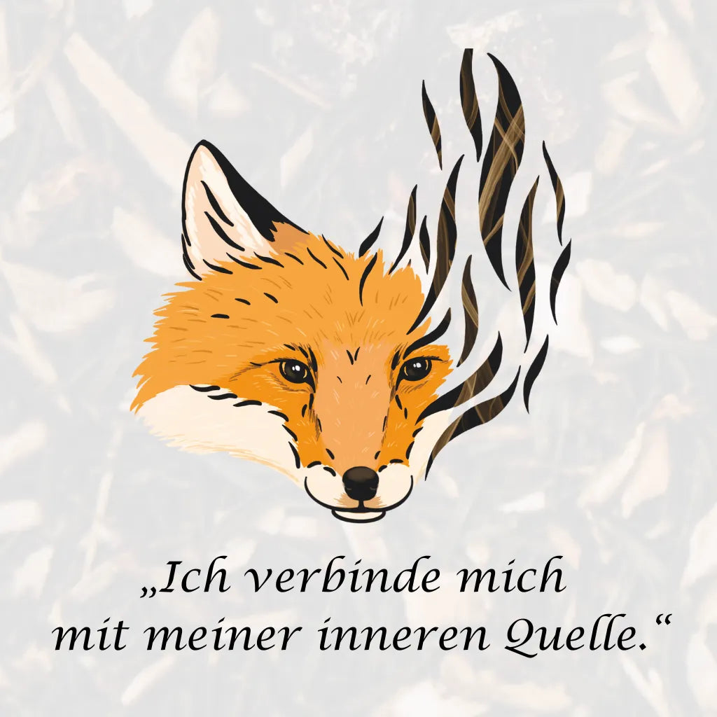 Affirmation "Ich verbinde mich mit meiner inneren Quelle" mit Fuchs-Illustration, symbolisiert innere Führung.