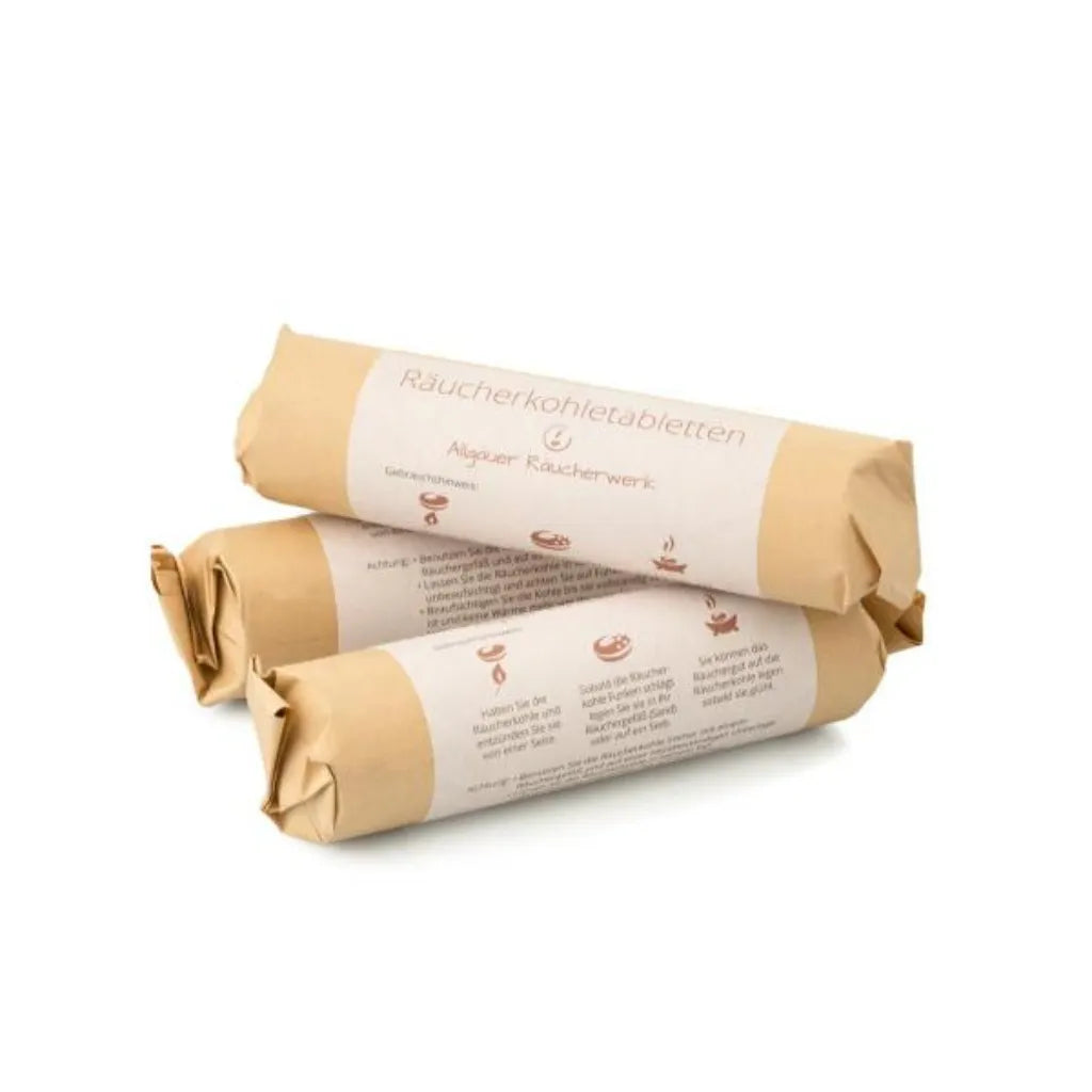 Drei Rollen Räucherkohletabletten in umweltfreundlicher Kraftpapierverpackung, ohne Aluminium und Plastik.