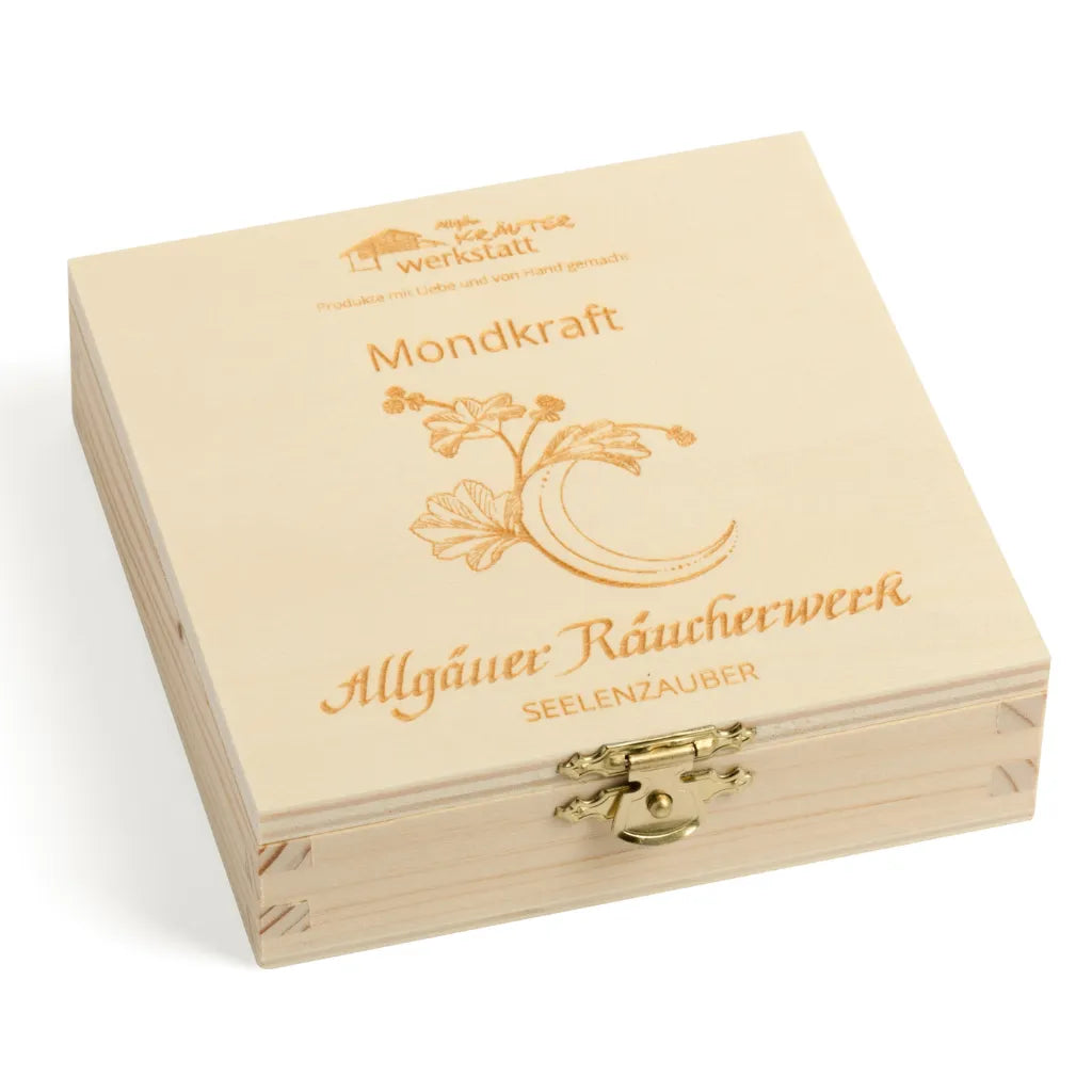 Geschlossene Holzbox "Allgäuer Räucherwerk Seelenzauber Mondkraft" für Intuition und Geborgenheit.