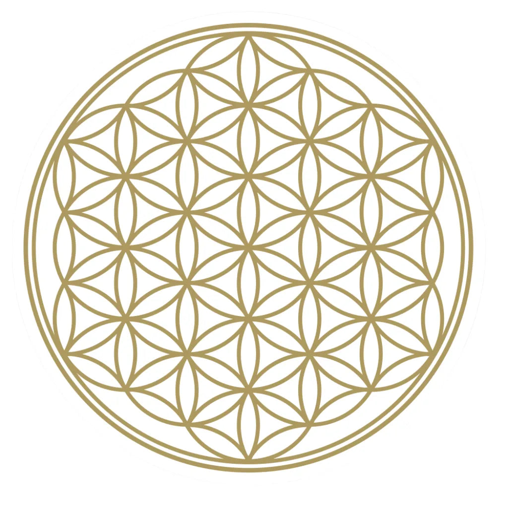 Einzelner goldgeprägter Aufkleber 'Blume des Lebens' als Symbol heiliger Geometrie.