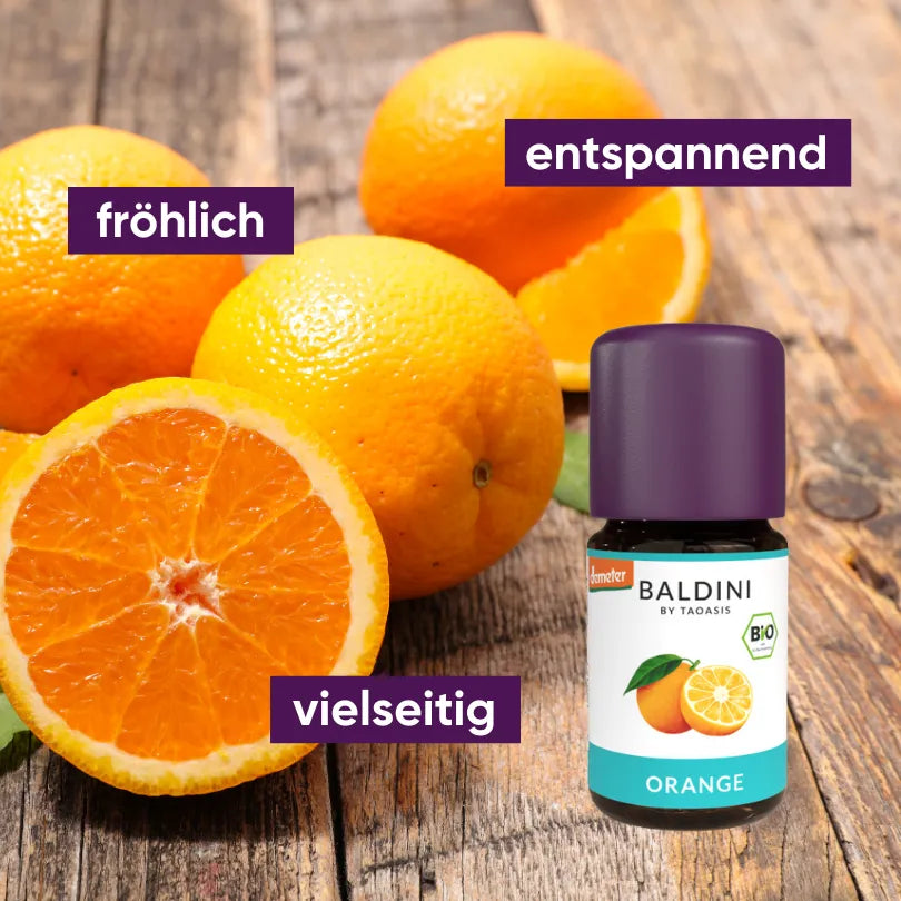 Baldini Bio Orangenöl, fröhlich, entspannend und vielseitig, mit frischen Orangen.