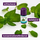 Baldini Bio Pfefferminzöl, erfrischend, belebend und konzentrationsfördernd, mit Minzblättern.