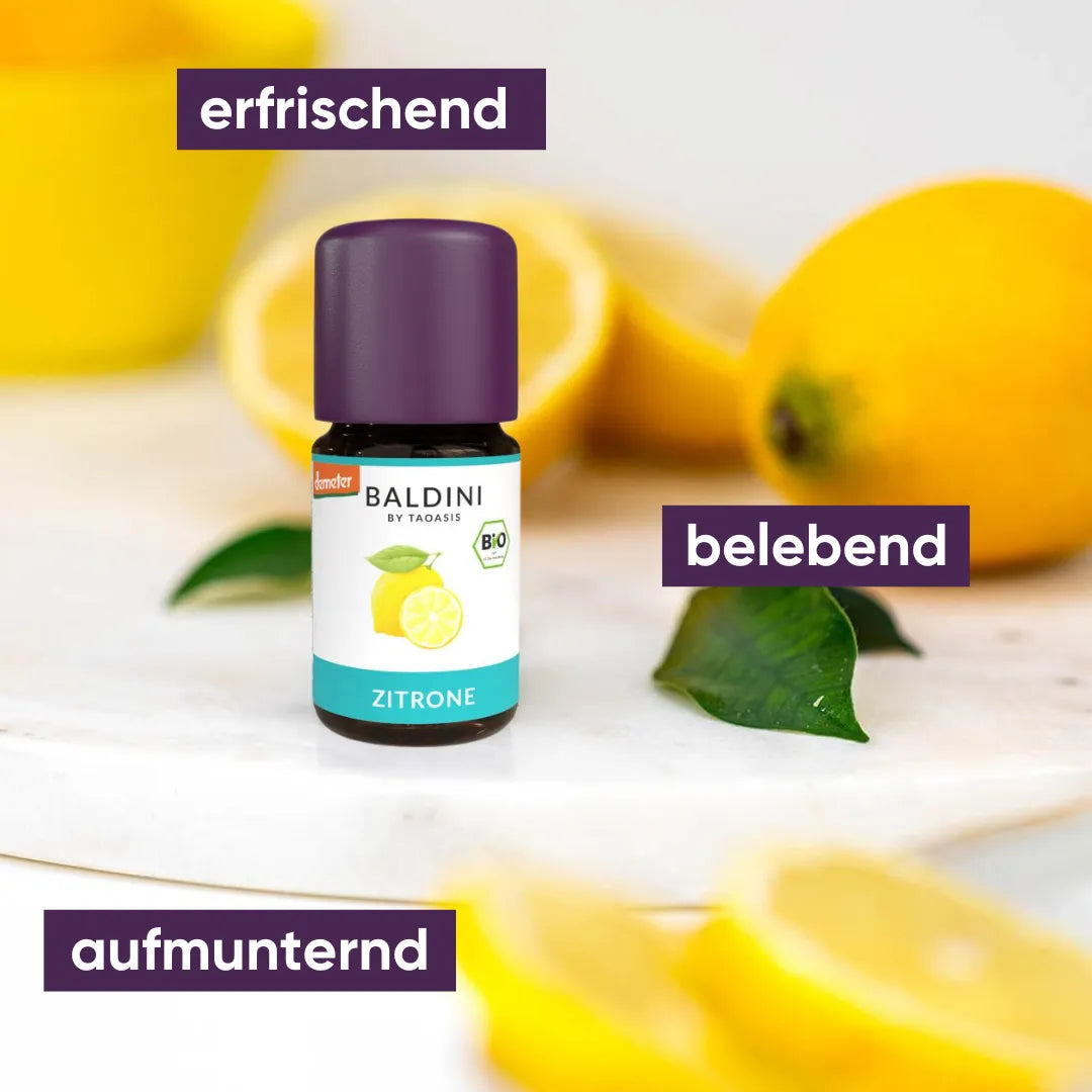 Baldini Bio Zitronenöl, erfrischend, belebend und aufmunternd, mit frischen Zitronen.