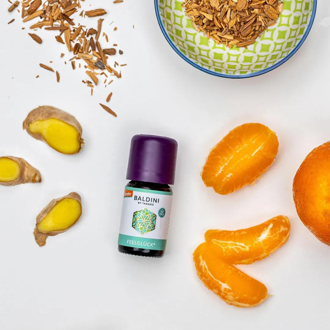 Baldini Feelglück ätherisches Öl mit Ingwer und Clementinen, fruchtig-würzig, aufheiternd.