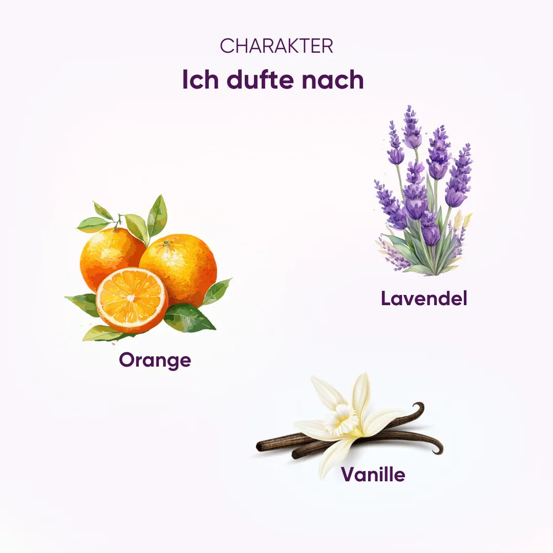 Schlaf gut Duftcharakter: Komposition aus Orange, Lavendel und Vanille, beruhigend und einhüllend.