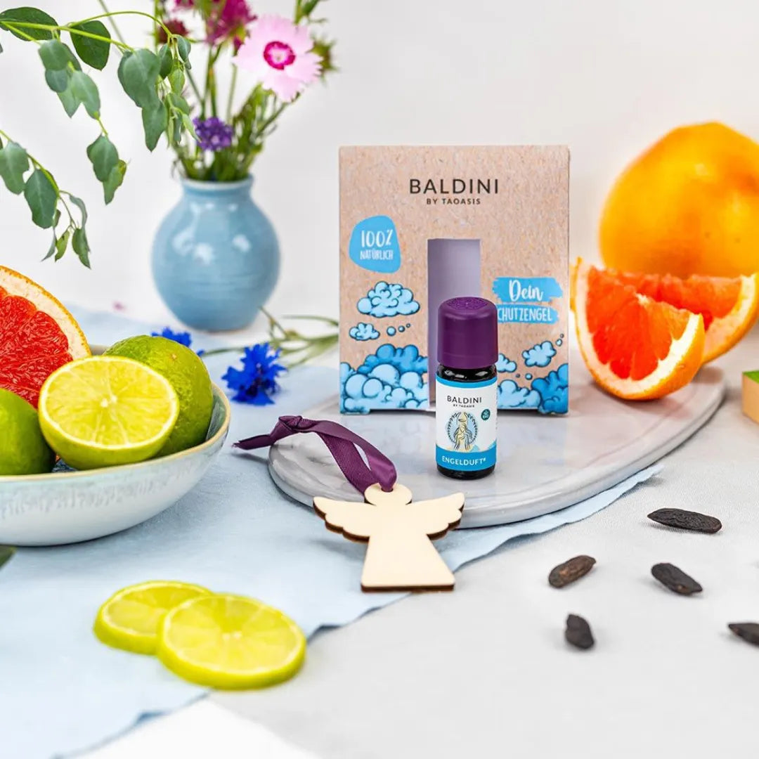 Baldini Engelduft Geschenkset Schutzengel mit Aura & Bodyspray, Holzengel und Früchten.