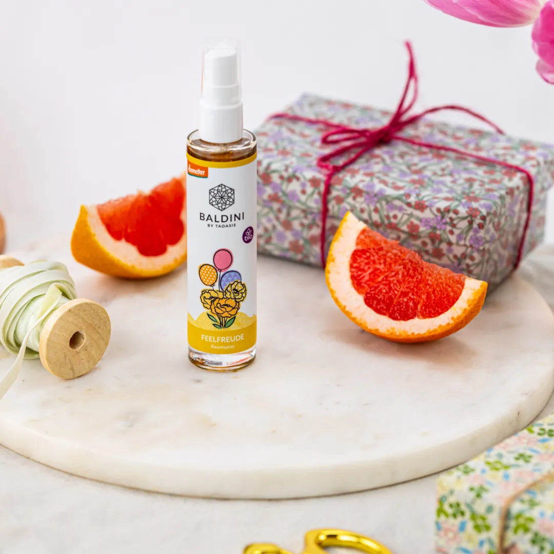 Baldini Feelfreude Raumspray mit Zitrone, Grapefruit und Orange, für gute Laune und frische Raumluft.