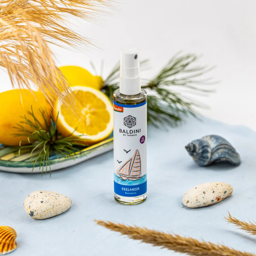 Baldini Feelmeer Raumspray in maritimer Deko, belebt die Sinne und erfrischt die Raumluft.