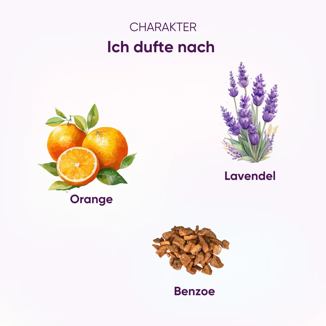 Feelruhe Duftcharakter: Komposition aus Orange, Lavendel und Benzoe für Entspannung.