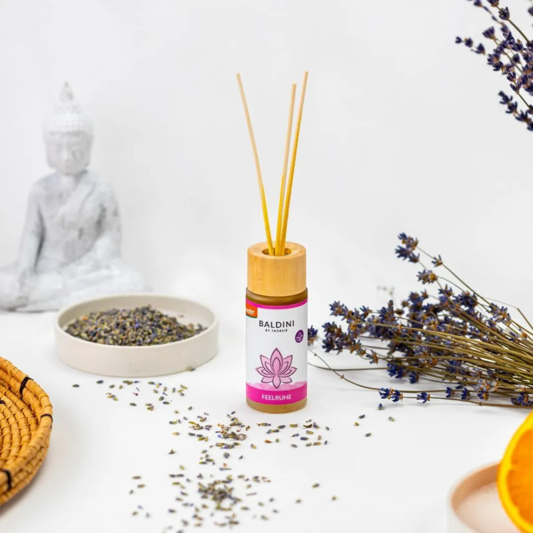 Baldini Feelruhe Raumduft-Set mit Bambusstäbchen, für harmonische Atmosphäre und Seelenruhe.