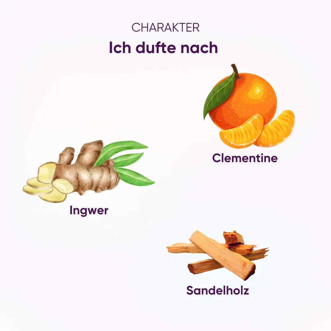 Feelglück Duftcharakter: Komposition aus Clementine, Ingwer und Sandelholz, anregend und entspannend.