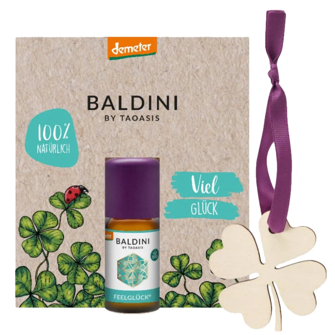 Baldini Mini-Duftset "Viel Glück" mit Feelglück ätherischem Öl und Holz-Kleeblatt-Anhänger.