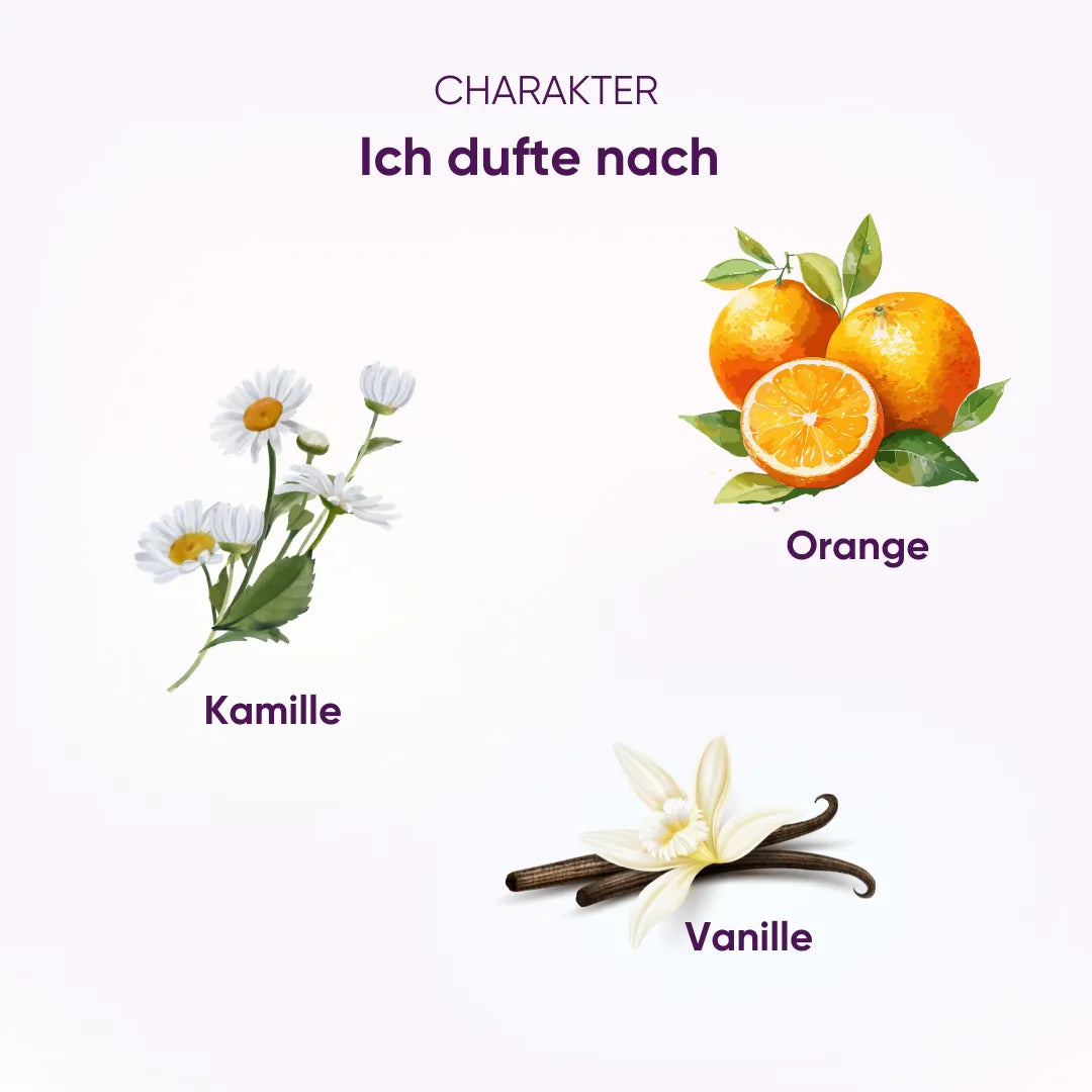 Wellness Duftcharakter: Komposition aus Kamille, Orange und Vanille für Wärme und Harmonie.