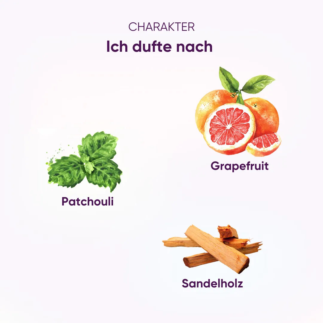 Yogaduft Charakter: Duftkomposition aus Patchouli, Grapefruit und Sandelholz, erdend und inspirierend.