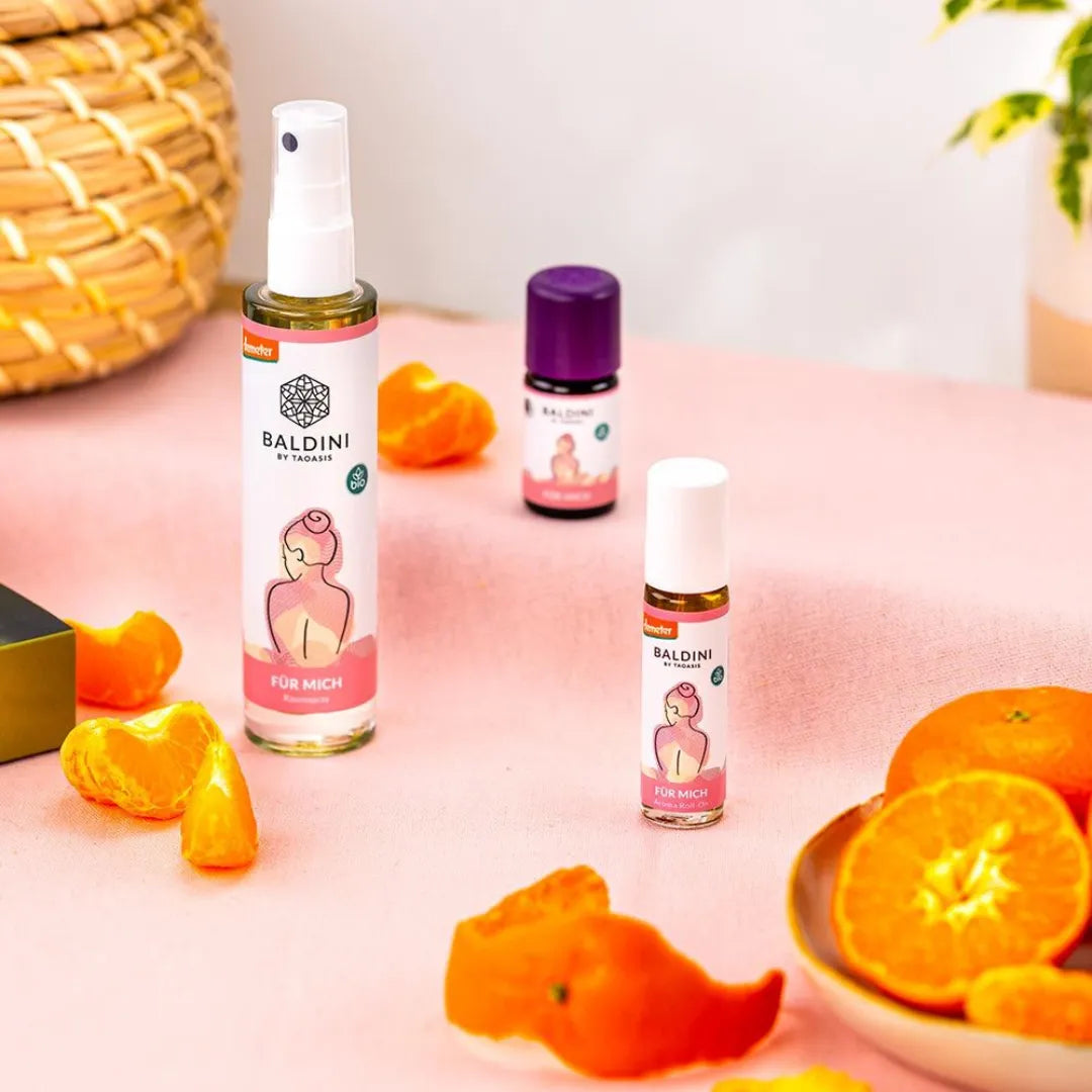 Baldini Selfcare-Duftset "Zeit für dich" mit Raumspray, Roll-On und ätherischem Öl, Mandarinen.