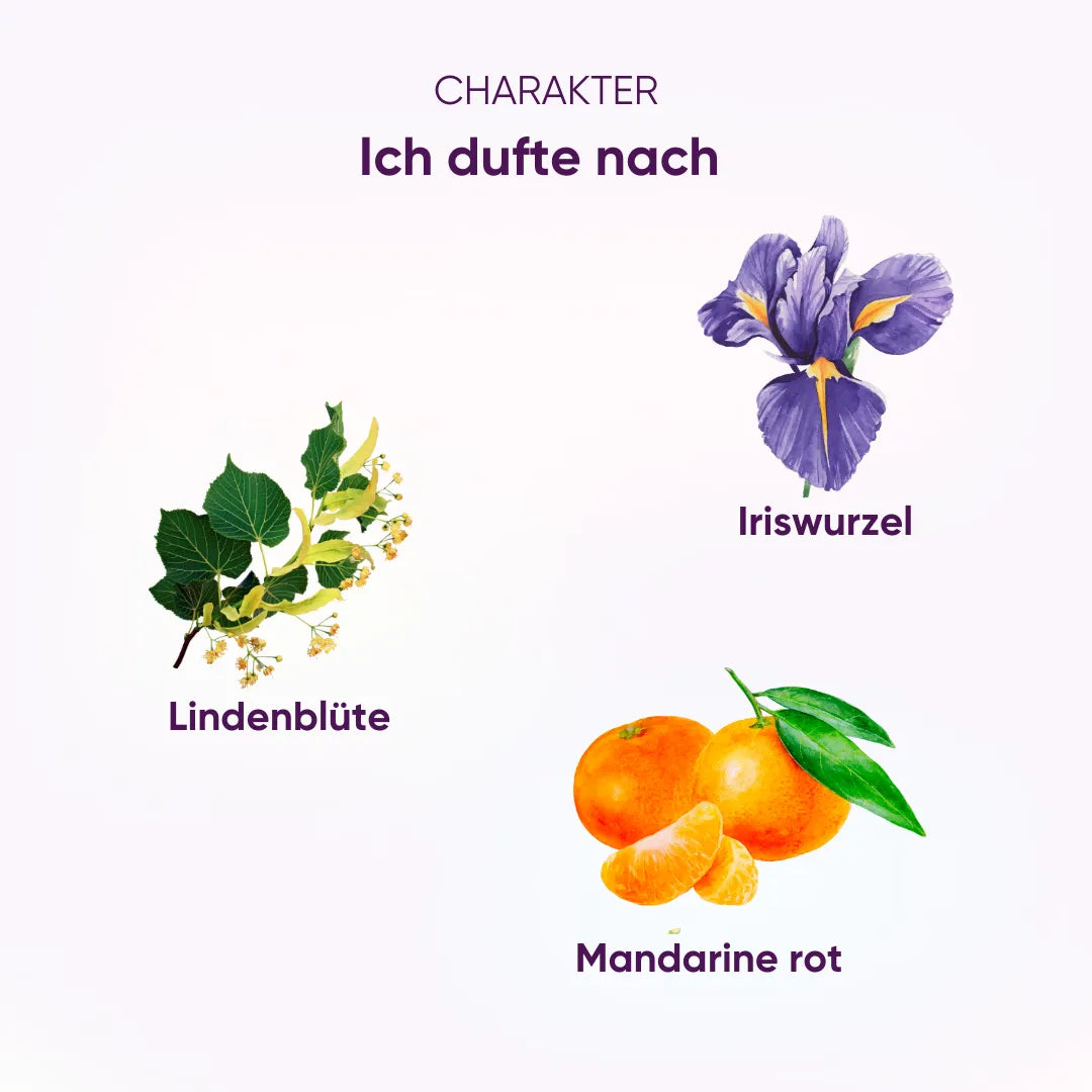 Selfcare Duftcharakter: Komposition aus Iriswurzel, Lindenblüte und Mandarine rot, wohltuend.