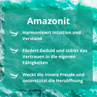 Infografik zur Wirkung von Amazonit: Harmonisiert Intuition, fördert Geduld, weckt Freude und Herzöffnung.