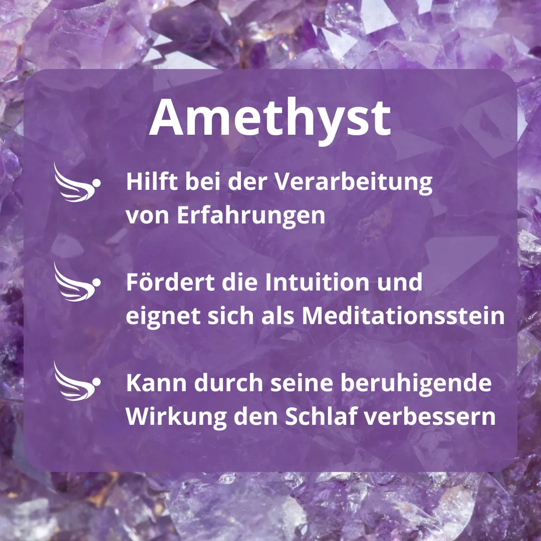 Infografik zur Wirkung von Amethyst: Hilft Erfahrungen zu verarbeiten, fördert Intuition, verbessert Schlaf.