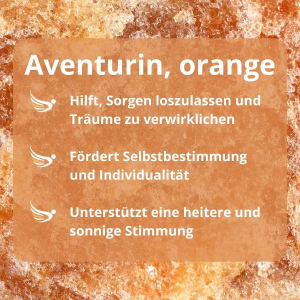 Infografik zur Wirkung von orangefarbenem Aventurin: Hilft Sorgen loszulassen, fördert Selbstbestimmung, unterstützt heitere Stimmung.