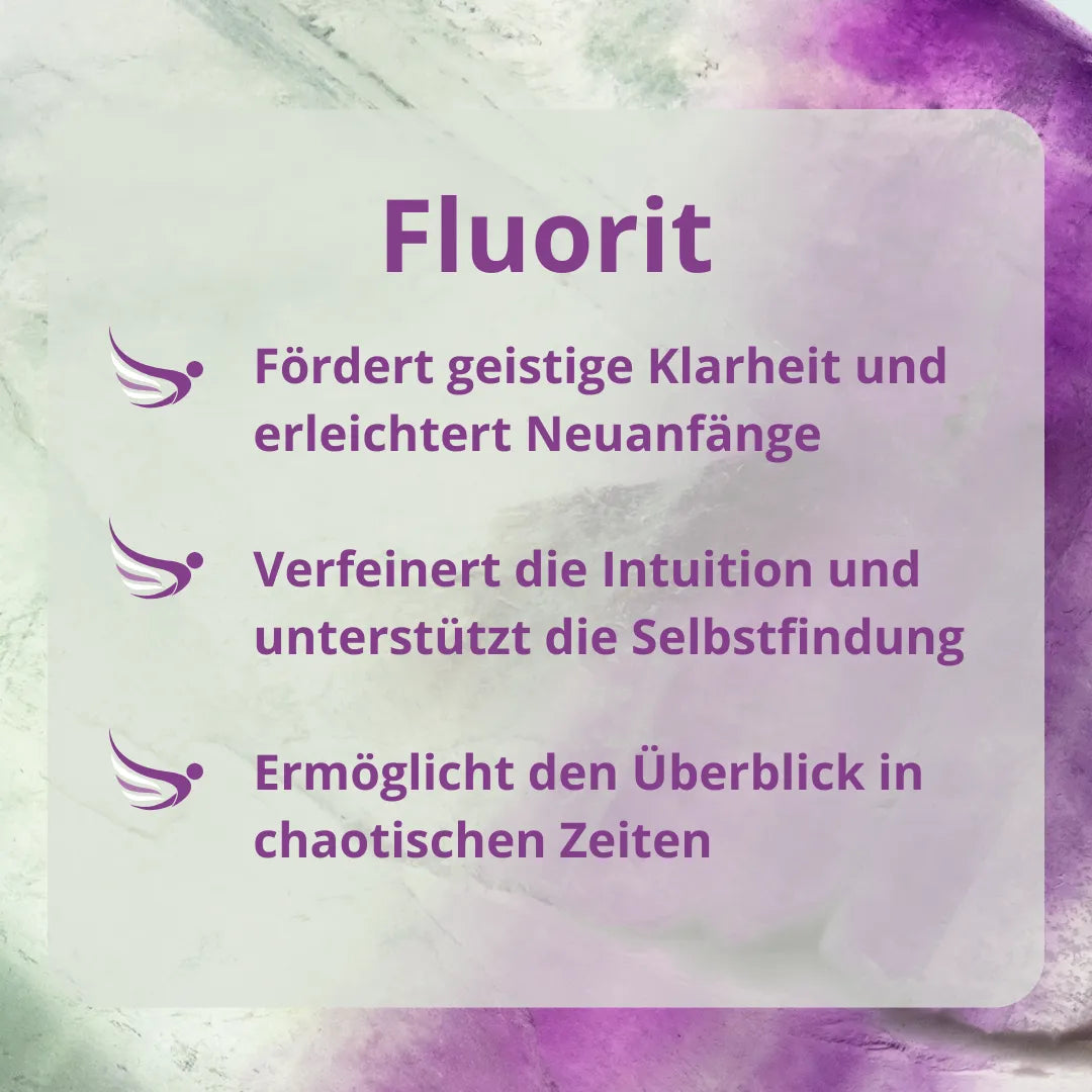 Infografik zur Wirkung von Fluorit: Fördert Klarheit, Intuition, Selbstfindung und Überblick in Chaos.