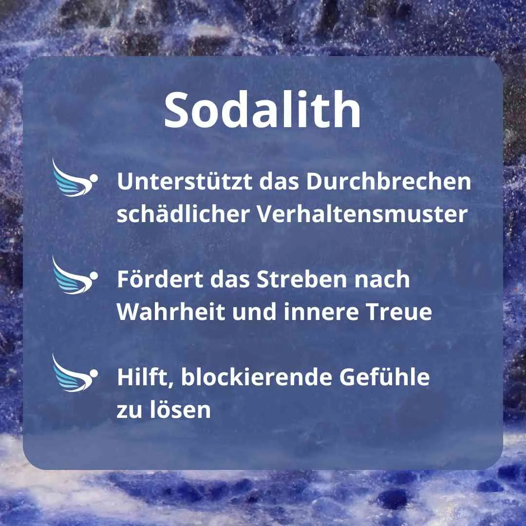 Infografik zur Wirkung von Sodalith: Unterstützt Verhaltensmuster, fördert Wahrheit, löst Gefühle.