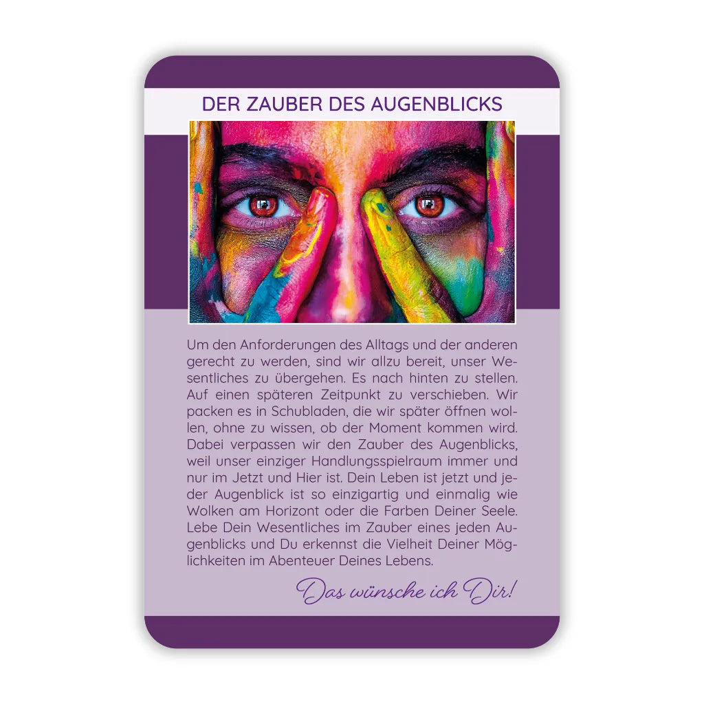 Achtsamkeitskarte "Der Zauber des Augenblicks" von Seraphine Monien mit farbenfrohem Motiv, für mehr Achtsamkeit im Alltag.