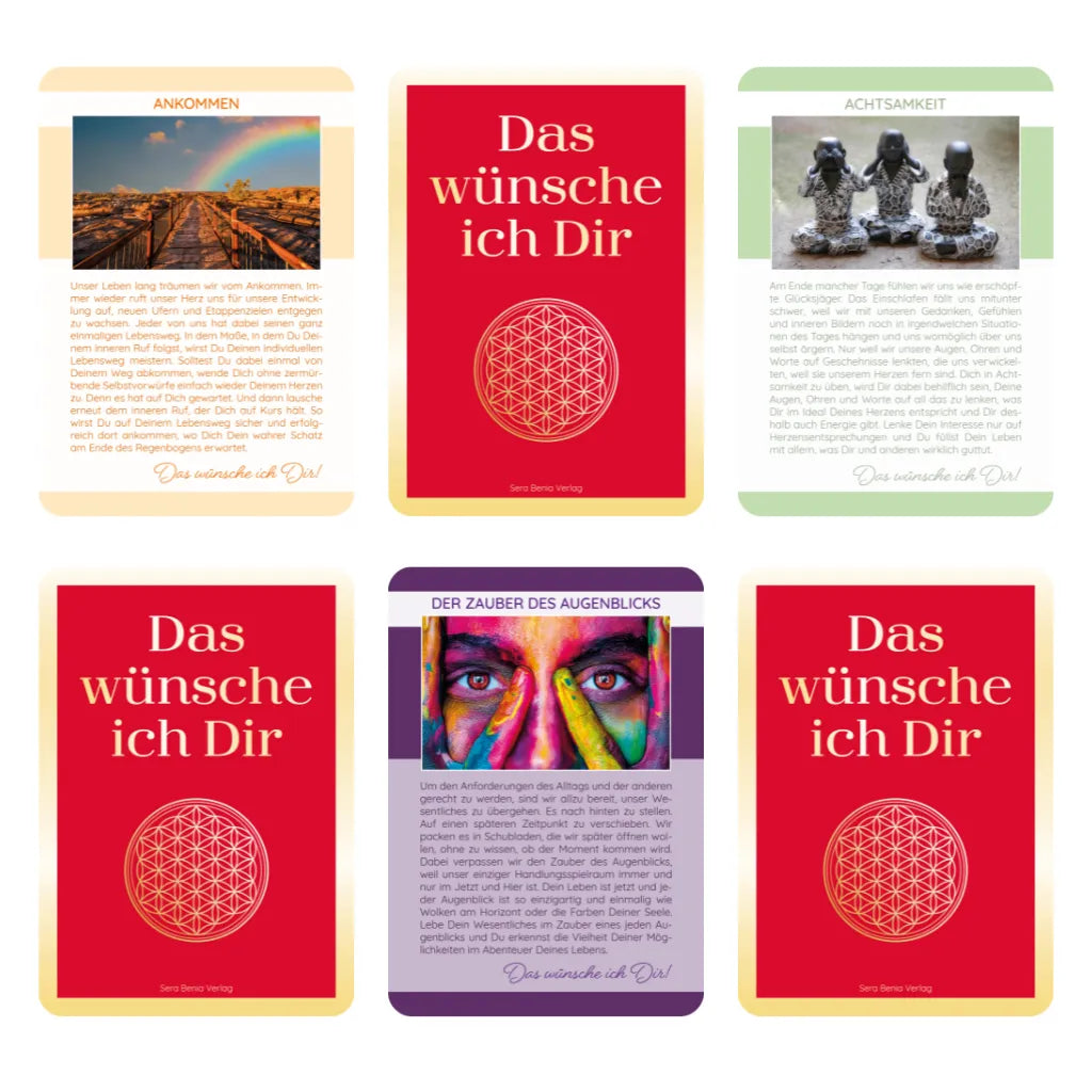 Kartenbeispiele aus dem Achtsamkeits-Kartenset "Das wünsche ich Dir" von Seraphine Monien. Inspirierende Botschaften.