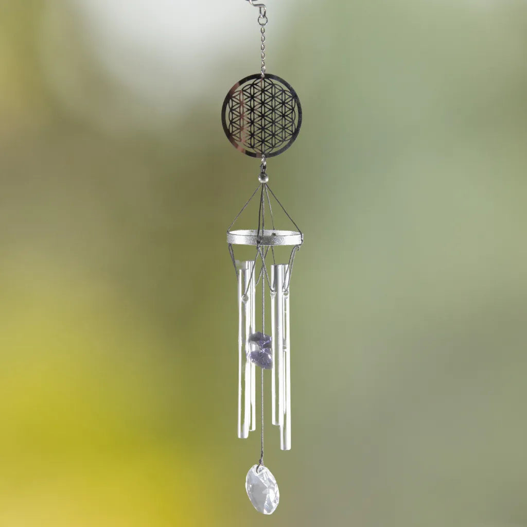 Klangspiel Blume des Lebens mit Edelstahlröhren und Oktagon-Kristall, für harmonische Klänge.