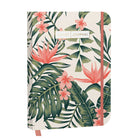 A5 Bullet Journal 'Coral Botanics' mit tropischem Blatt- und Blütenmuster, Hardcover und Goldprägung.