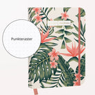 A5 Bullet Journal 'Coral Botanics' mit tropischem Muster, zeigt Detail des Punktrasters.