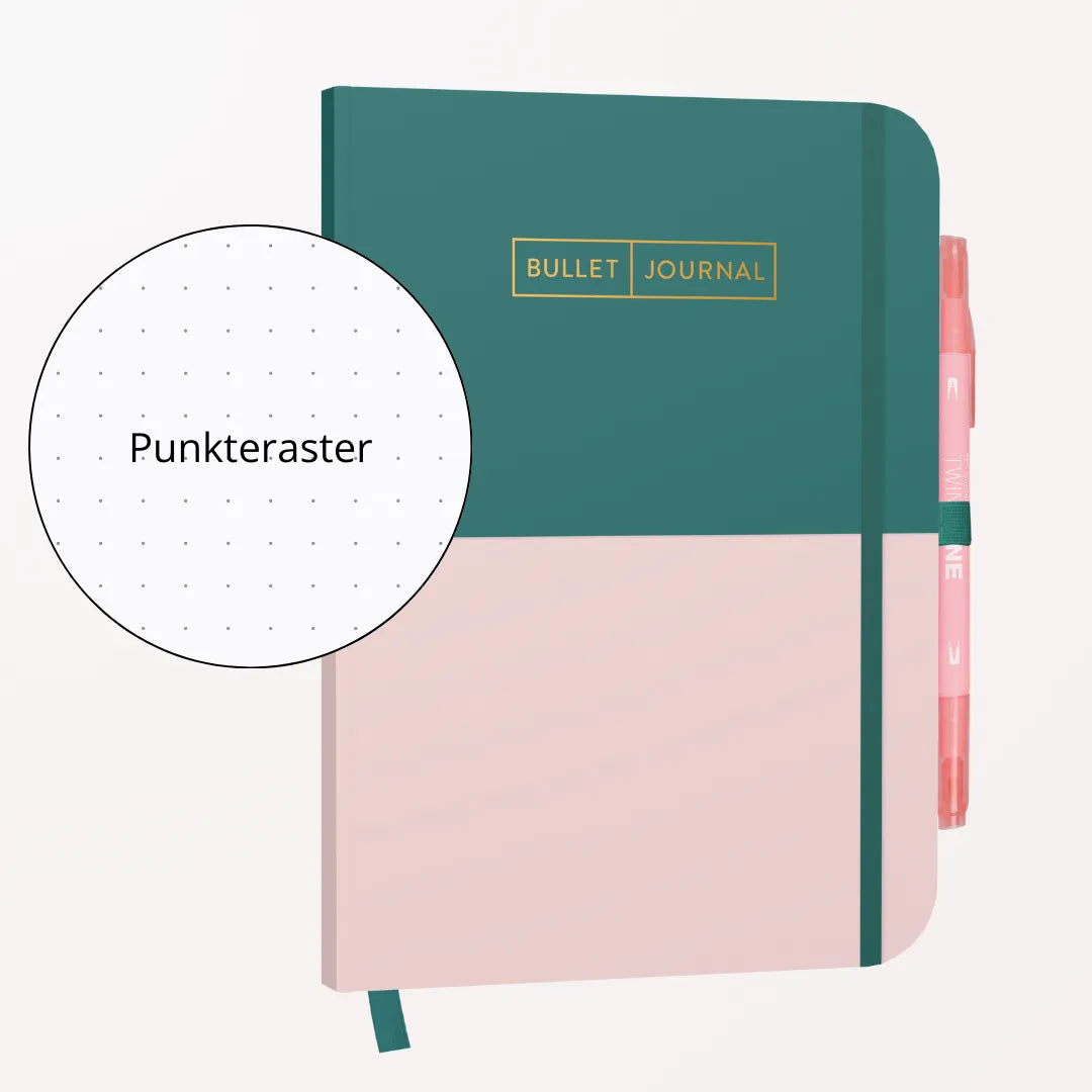 A5 Bullet Journal 'Greenery Rose' in Petrol und Rosa, zeigt Detail des Punktrasters.