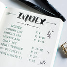 Geöffnetes A5 Notizbuch mit Punkteraster und handgeschriebenem Index-Beispiel für Bullet Journaling.