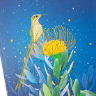 Nahaufnahme des dunkelblauen A5 Notizbuchs 'Sensitive' mit Kolibri, Blüte und Goldprägung.