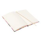 Geöffnetes A5 Notizbuch 'Urban Optimistic' mit 200 blanko Seiten und Leseband.