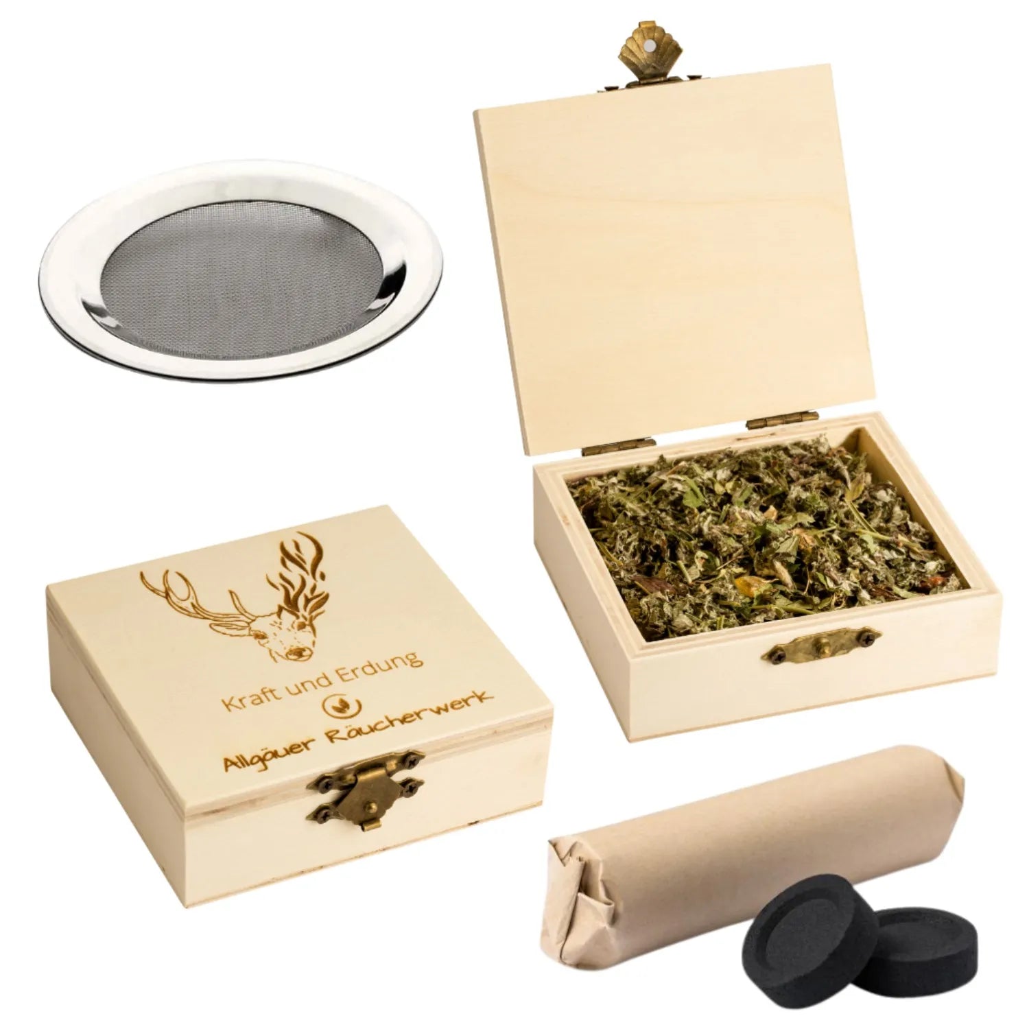 Räucherwerk-Set für Meditation und Entspannung in Holzbox mit Sieb und Kohle. Fördert innere Ruhe und Wohlbefinden.