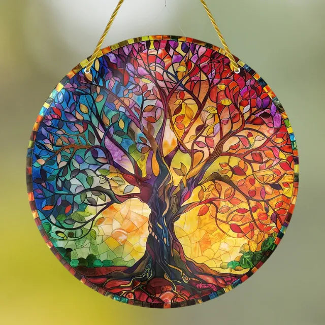 Sonnenfänger "Baum des Lebens" aus Acryl, harmonisches Mosaikdesign, bringt Licht, Farbe und Bedeutung ins Zuhause.