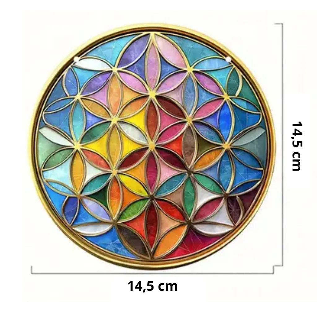Sonnenfänger "Blume des Lebens" aus Acryl, 14,5 cm Durchmesser, bunt mit goldfarbener Umrandung, bruchsicher.