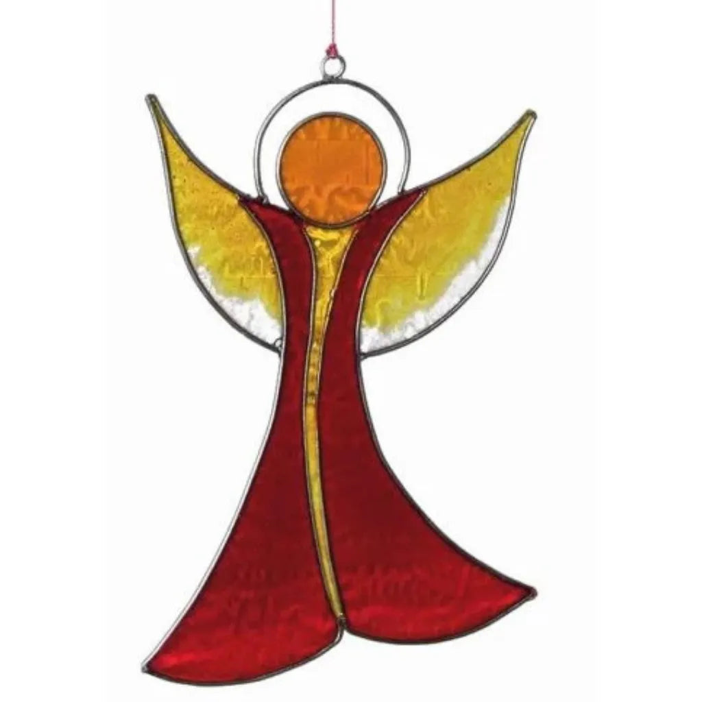Liebevoll gestalteter Sonnenfänger Engel in Rot-Gelb aus Resin, bringt Schutz, Hoffnung und Geborgenheit ins Zuhause.