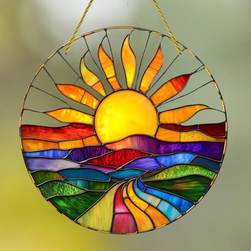 Kunstvolles Fensterbild Sonnenaufgang aus transparentem Acryl, leuchtende Farben für warme, lebendige Stimmung im Raum.