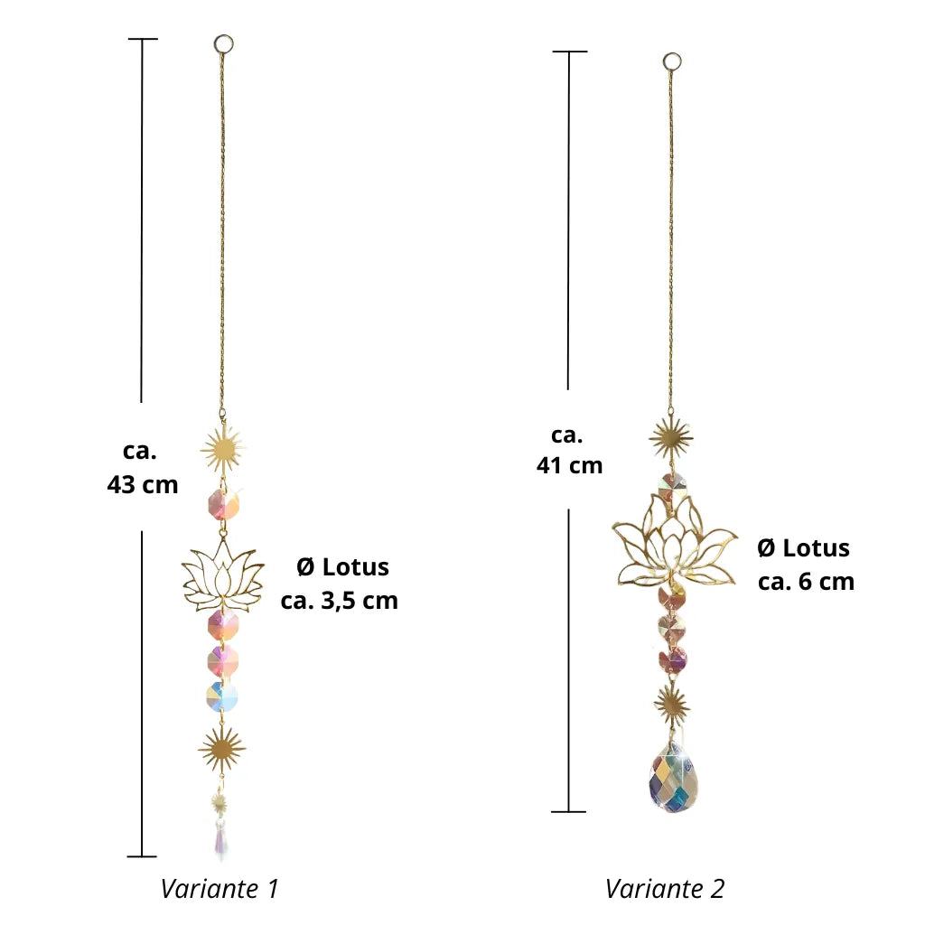 Zwei Sonnenfänger-Ketten mit Lotusmotiv & Kristallprismen, ca. 41 - 43 cm lang. Ideal als stilvolles Geschenk für Ruhe & Glanz.
