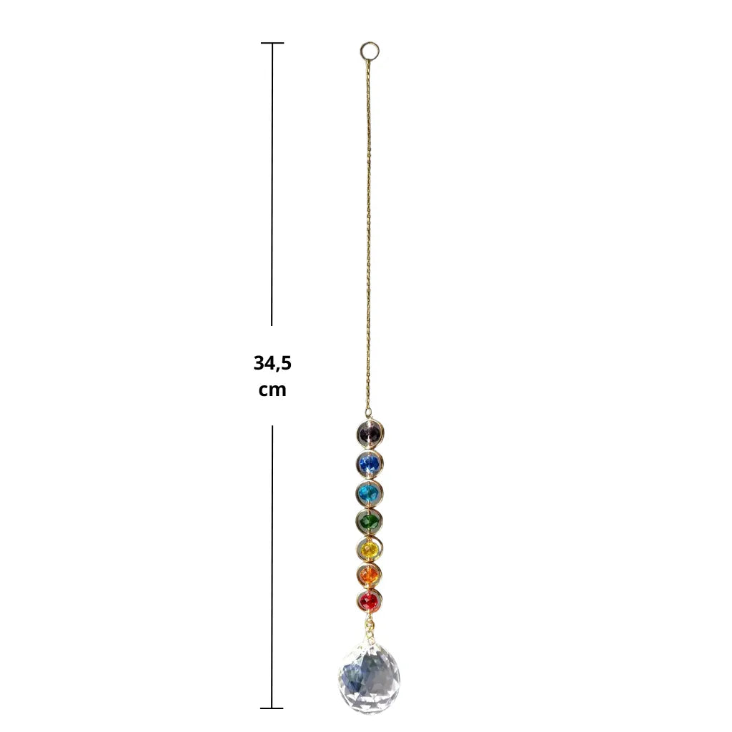 Sonnenfänger Kette mit Regenbogen-Kristallen in Chakra-Farben und Kugel, 34,5 cm lang, für positive Schwingungen.
