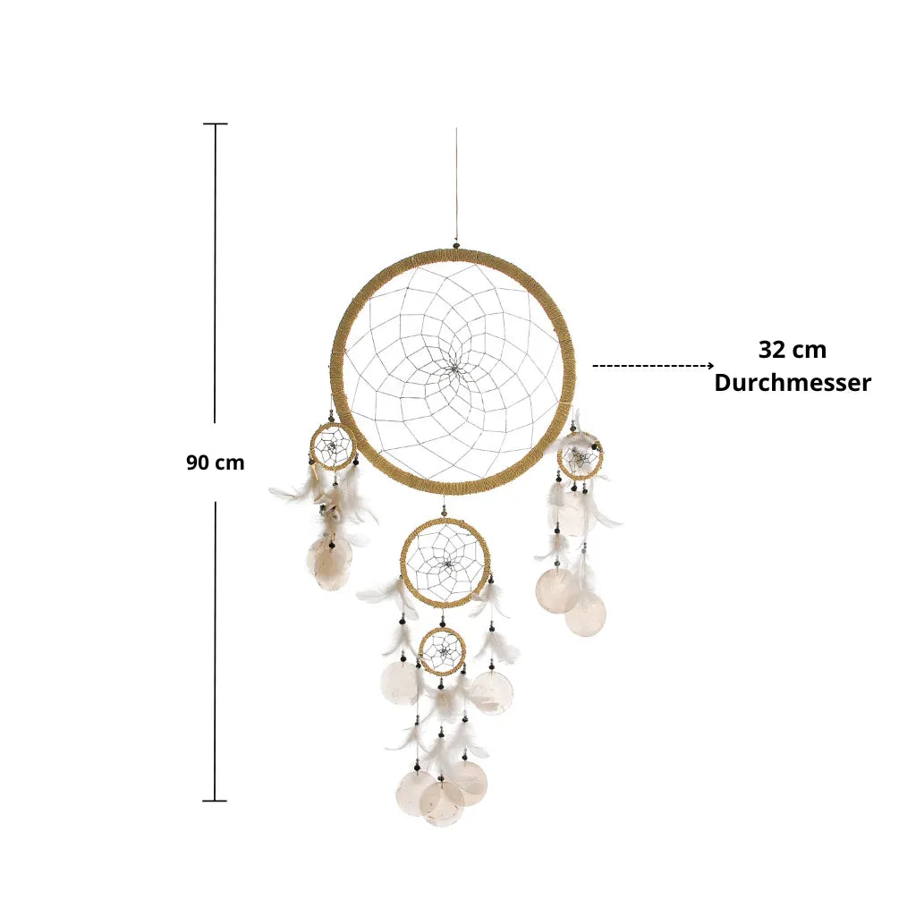 Traumfänger Maße: 90cm lang, 32cm Durchmesser, mit Muschelplättchen und Federn.