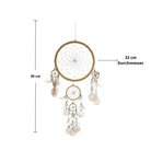 Traumfänger Maße: 90cm lang, 32cm Durchmesser, mit Muschelplättchen und Federn.